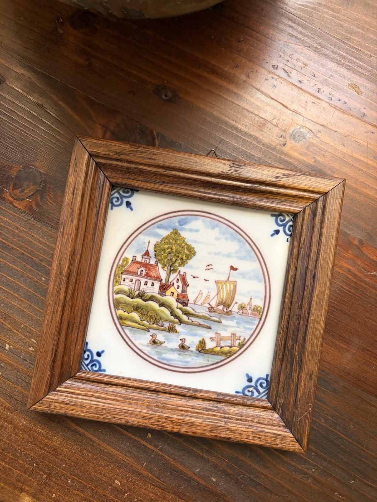 Vintage Dutch Delft Makkum Tile In Wood Frame Wall Hanging Dutch Tile