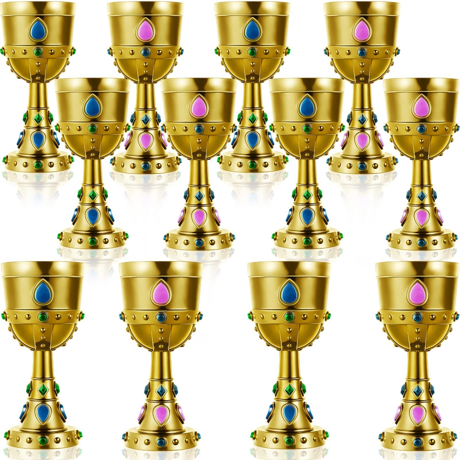 Suclain 12 Pcs Medieval Molded Crown Goblets 8 oz Gold Jeweled chalice Vintag...