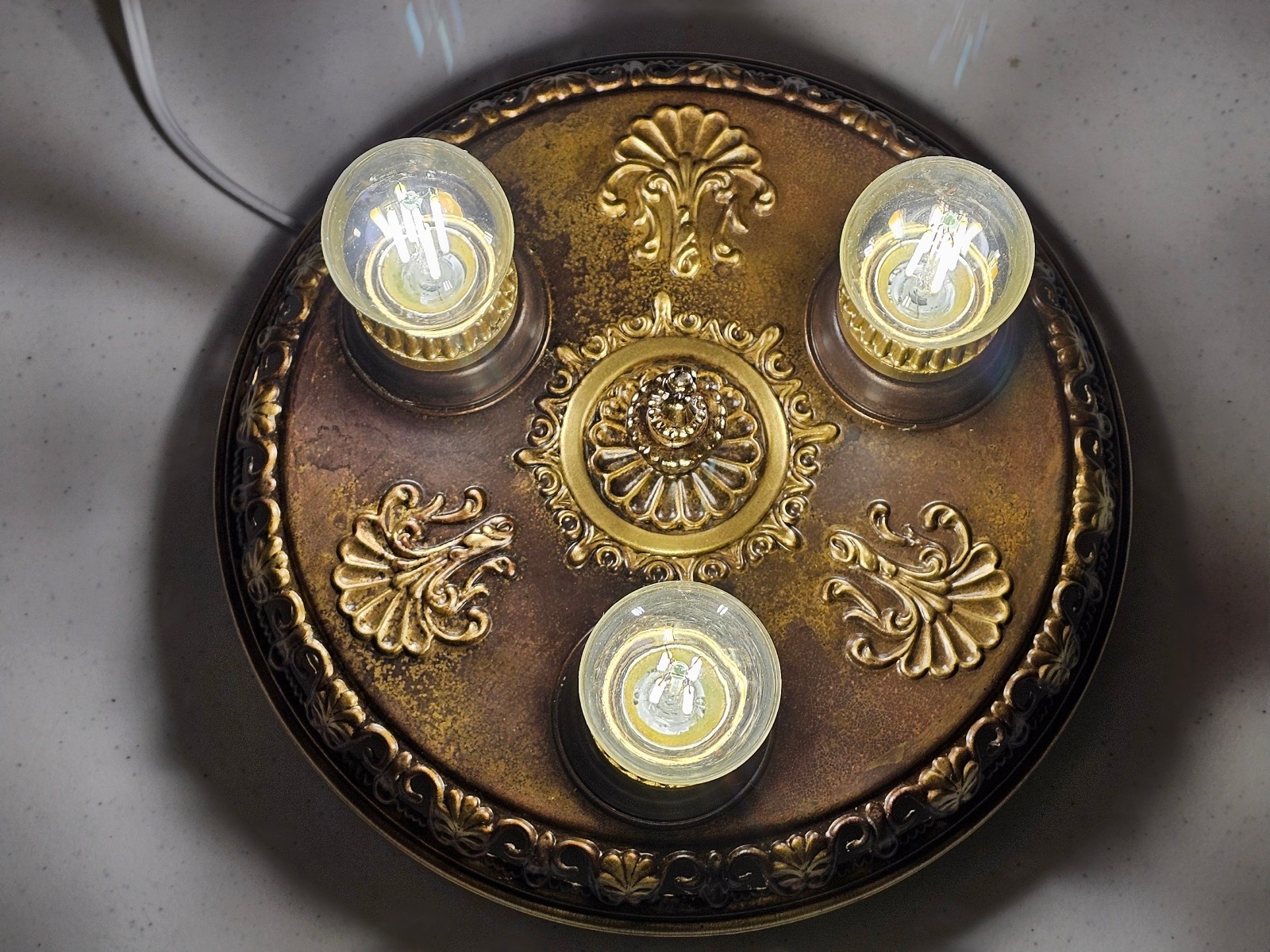 Vtg Art Deco Nouveau Mixed Brass 3-Light Flush Mount Fixture RESTORED REWIRED