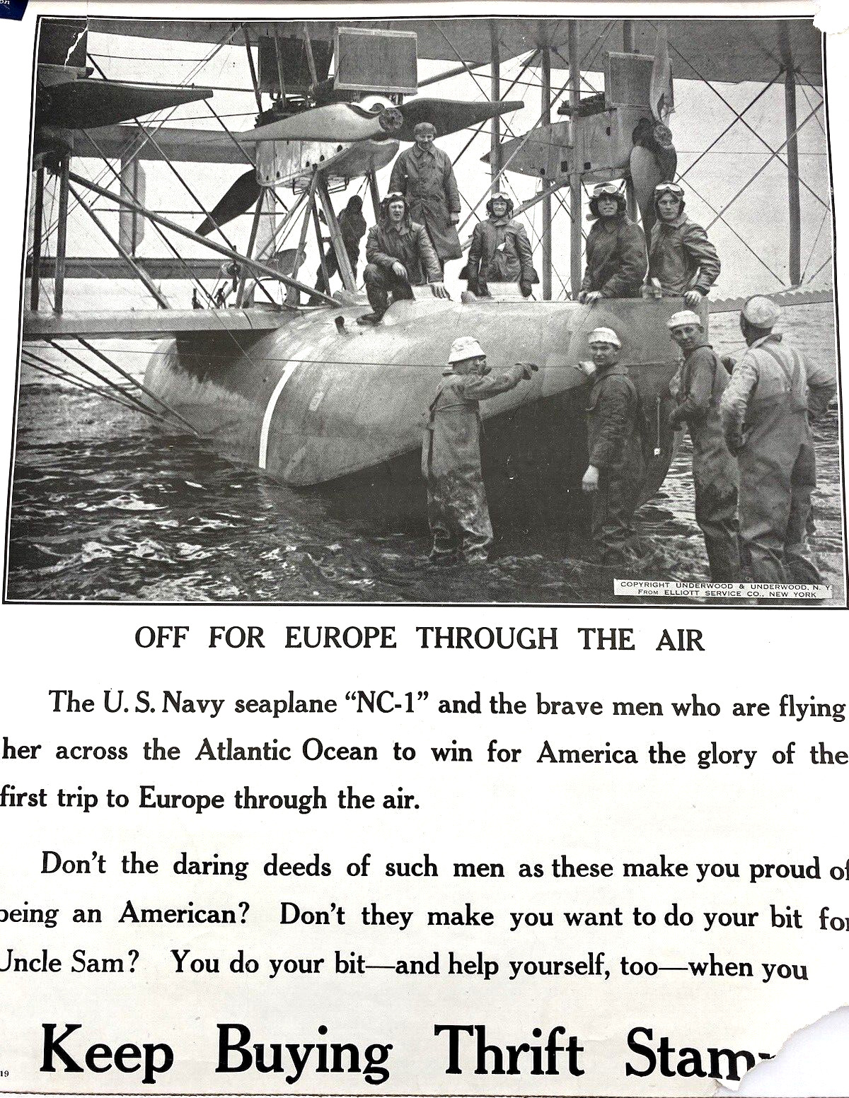 WWI Curtiss Seaplane US Navy Trans-Atlanic Flight Poster Advertisment