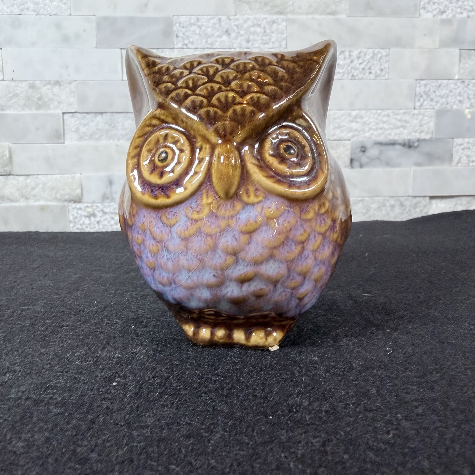 Mid Century Ceramic Design- Owl Figurine Drip Glaze Brown Purple 4\