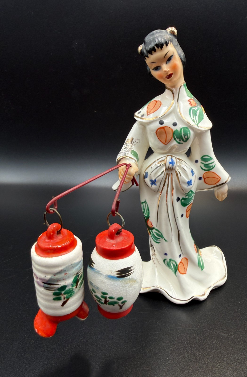 RARE VTG NikoNiko EW Japan Hand Painted Geisha Oriental Girl Figurine w/Lanterns