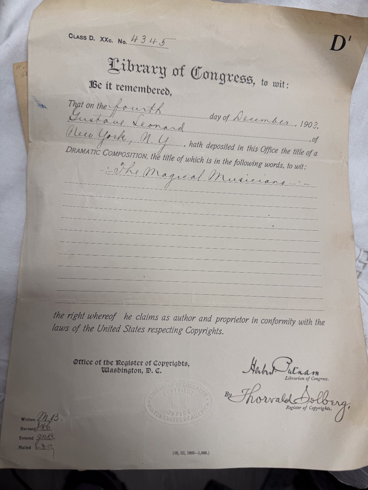 1903 Library of Congress Copyright Certificate Magical Musicians Antique