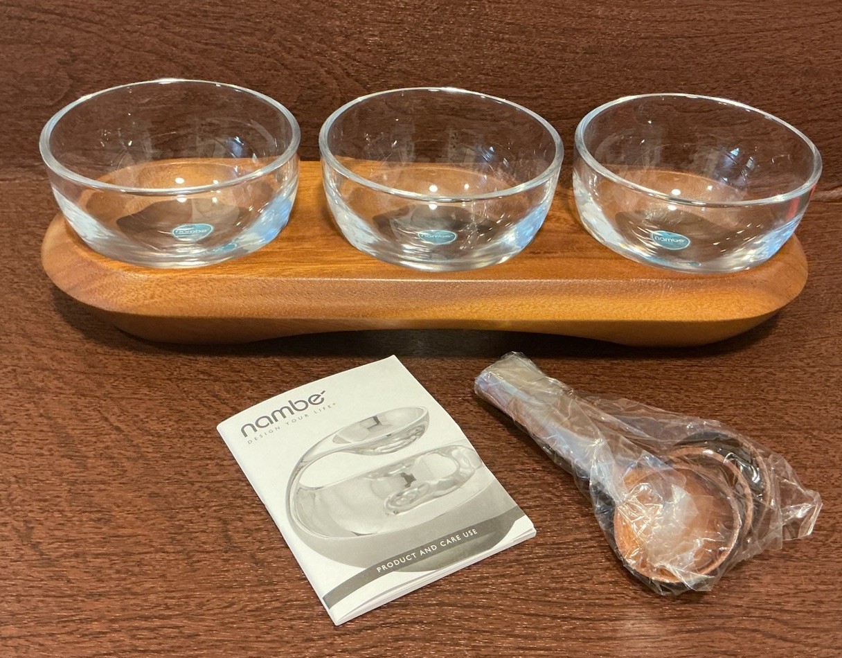 NAMBE ~ COOPER TRIPLE CONDIMENT SERVER ~ ACACIA WOOD & GLASS ~ UNUSED 