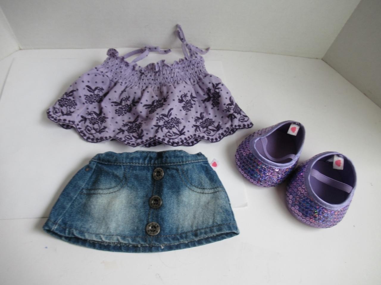 Build A Bear Workshop Purple Floral Top Demin Skirt and Purple Sequin Shoes