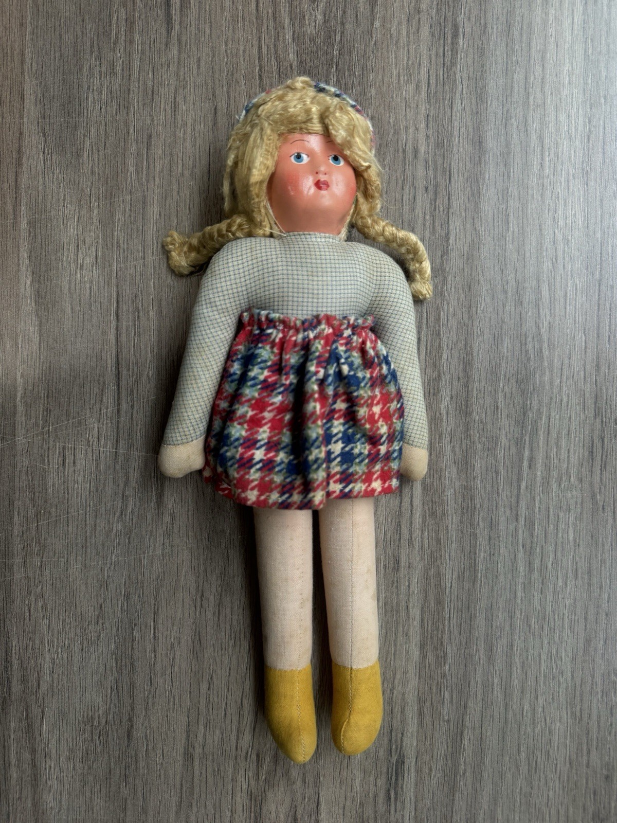 VINTAGE POLISH SAWDUST RAG DOLL WITH CELLULOID FACE  MADE IN POLAND