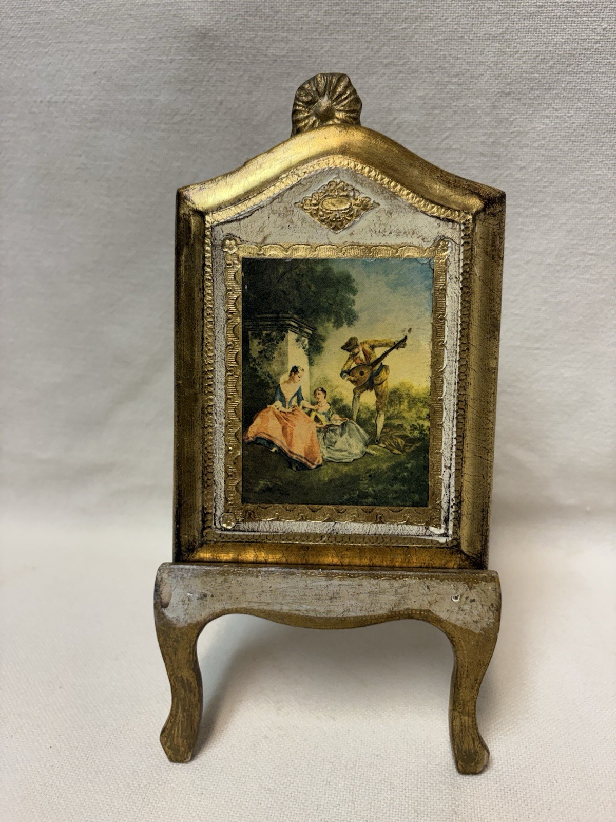 Vtg Romantic Victorian Florentine Italy Gold Gild Wood Plaque with Easel Stand