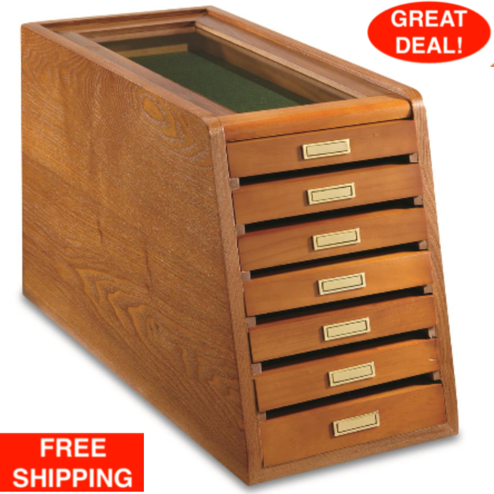 7 Drawer Collectors Cabinet Solid Wood Knives Display Case Coins Watches Medals