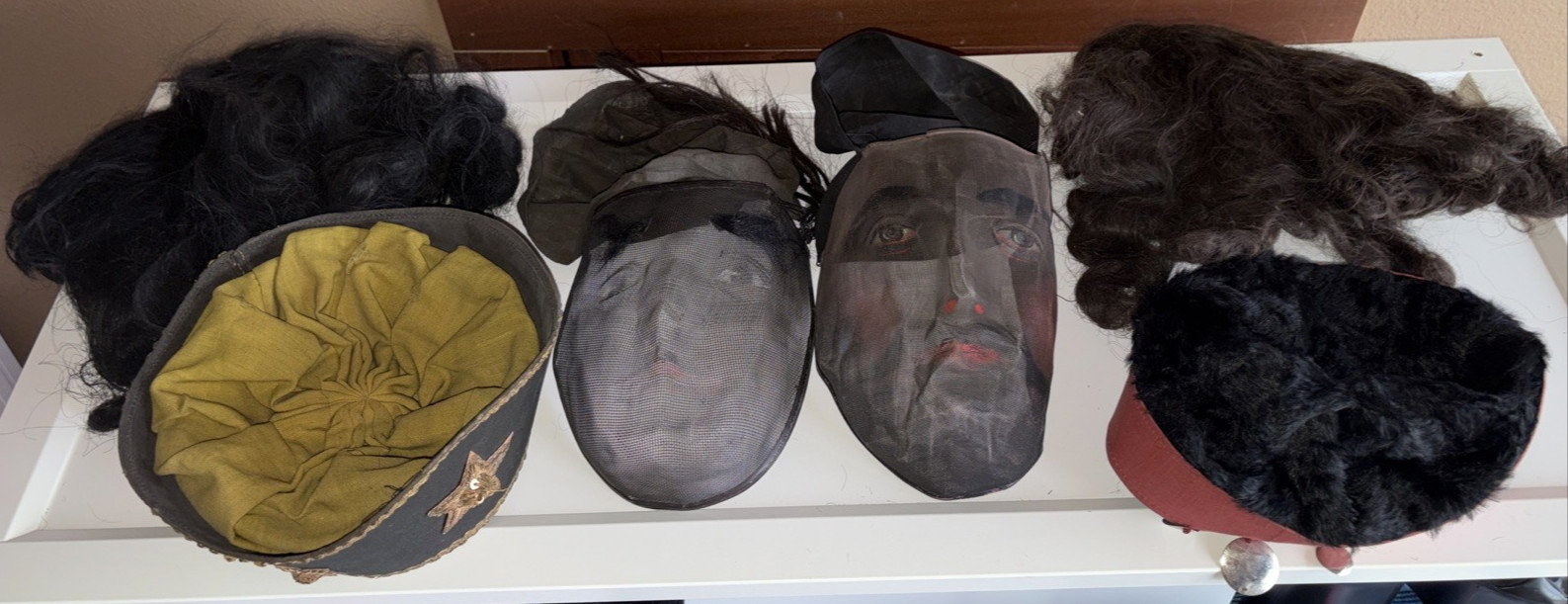 Antique Odd Fellows Ceremonial Mask Hand Painted Wire Mesh C. 1900 Hats Wigs LOT