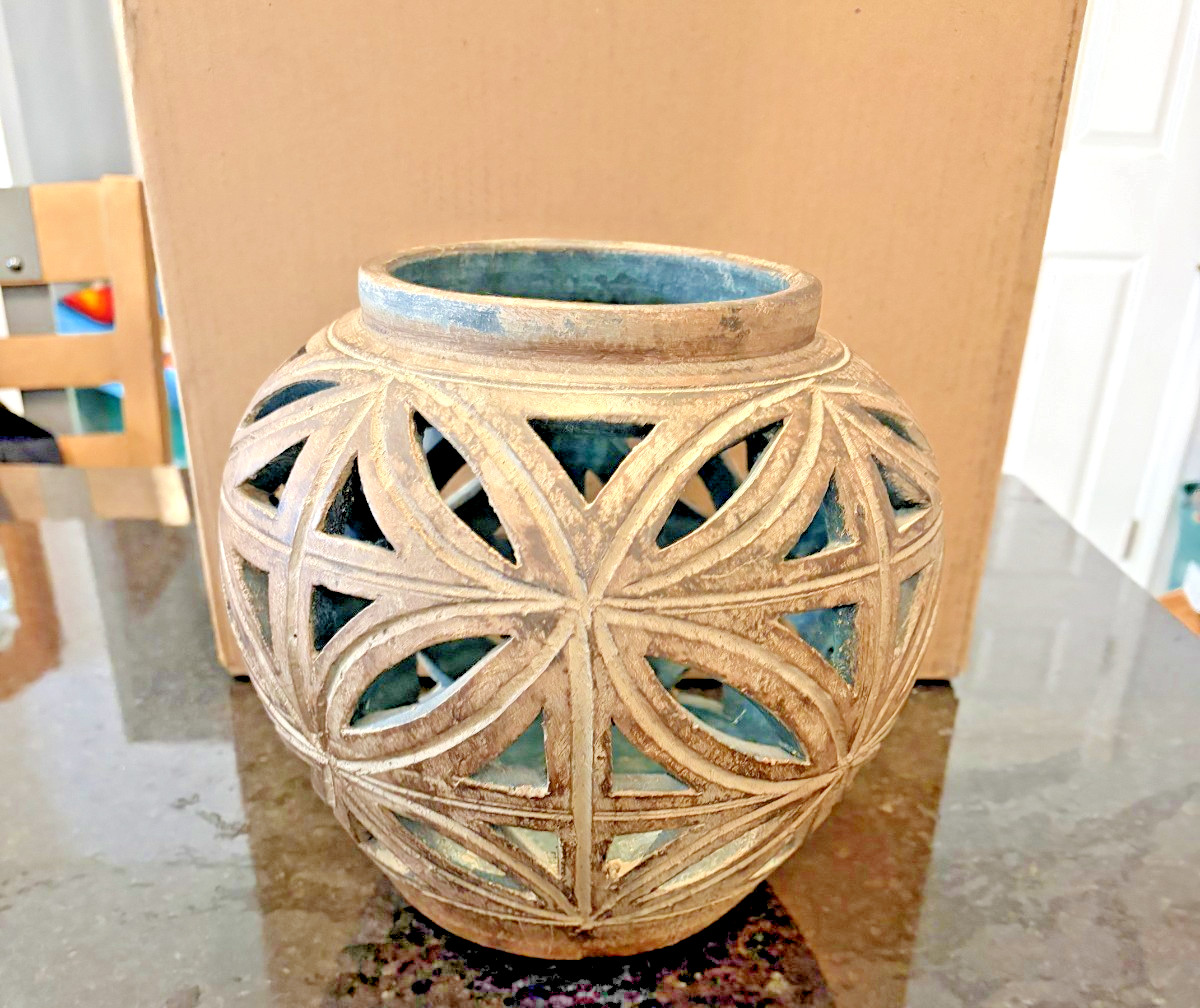 Vintage MCM Style Pierced Ceramic Planter Vase Lattice Blue Glaze 10\ Vintage MCM Style Pierced Ceramic Planter Vase Lattice Blue Glaze 10\