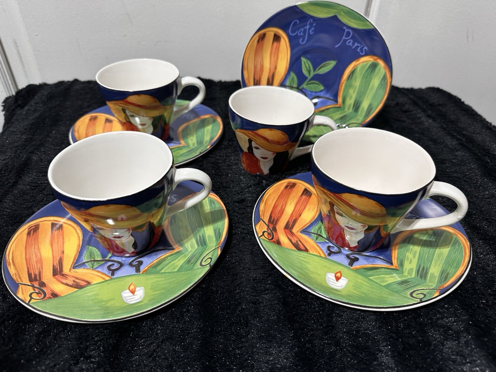 Sango Misono CAFE PARIS 8 Piece Cup Saucer Set 4 CUPS 4 SAUCERS 1994 Art Deco