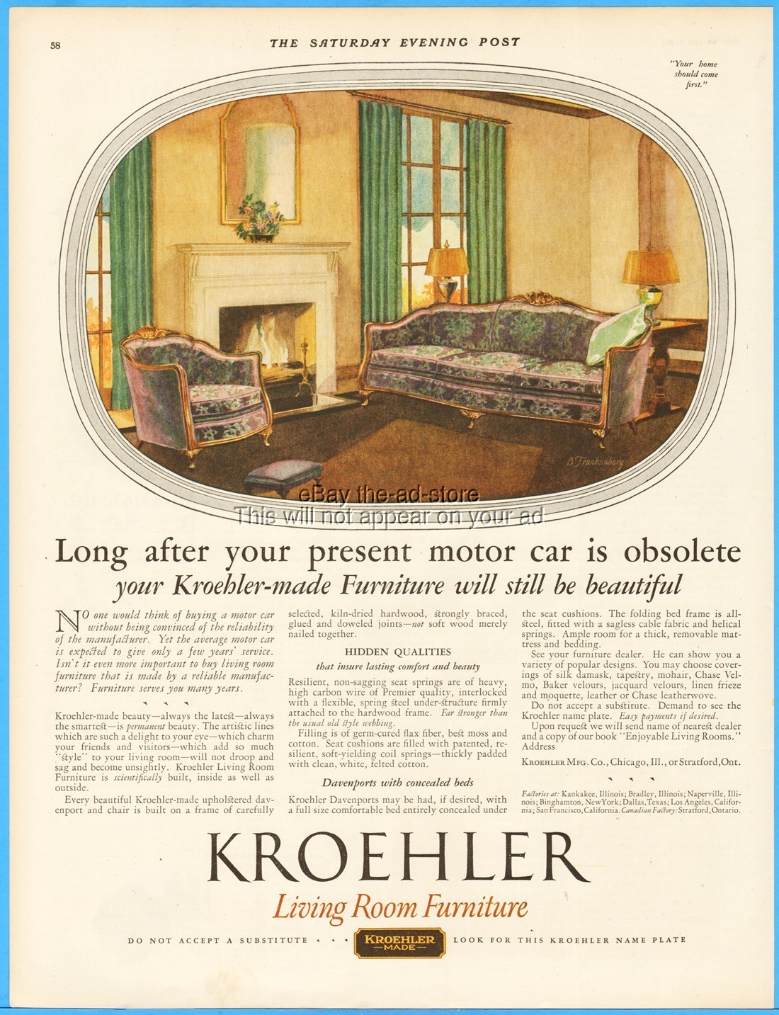 1927 KROEHLER Couch Chair Living Room Furniture Art Décor Vintage 20\'s Print Ad