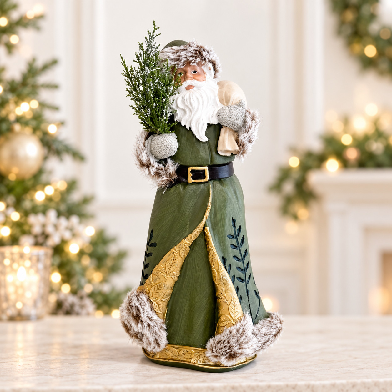 Ceramic Santa Claus Figurine Green Father Christmas Holiday Decor Statue 11 Inch