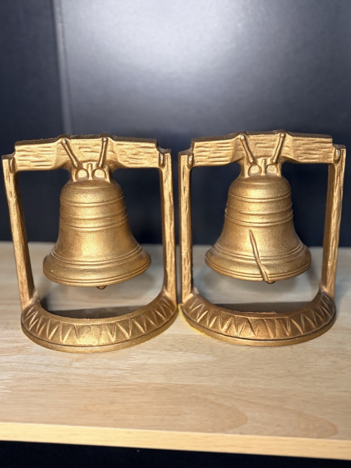 Cast Metal Liberty Bell Book Ends Gold Brass Tone Finish Vintage 7”