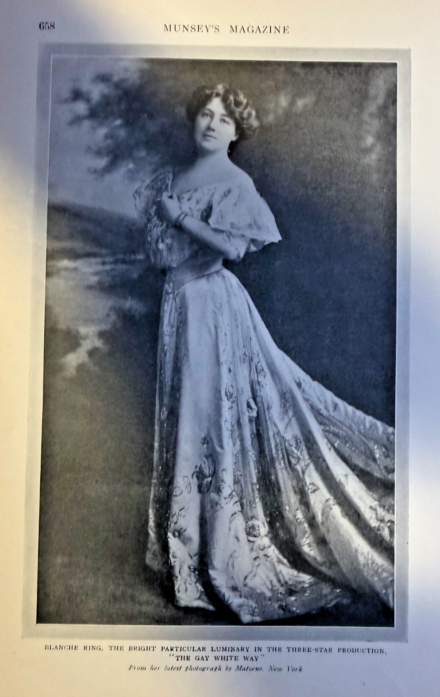 1908 Vintage Magazine Illustration Actress Blanche Bates in The Gay White Way