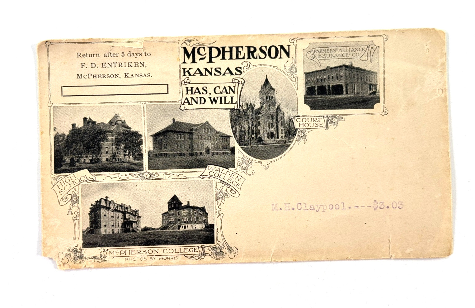 Antique McPherson Kansas KS Advertising Envelope College Real Estate Entriken