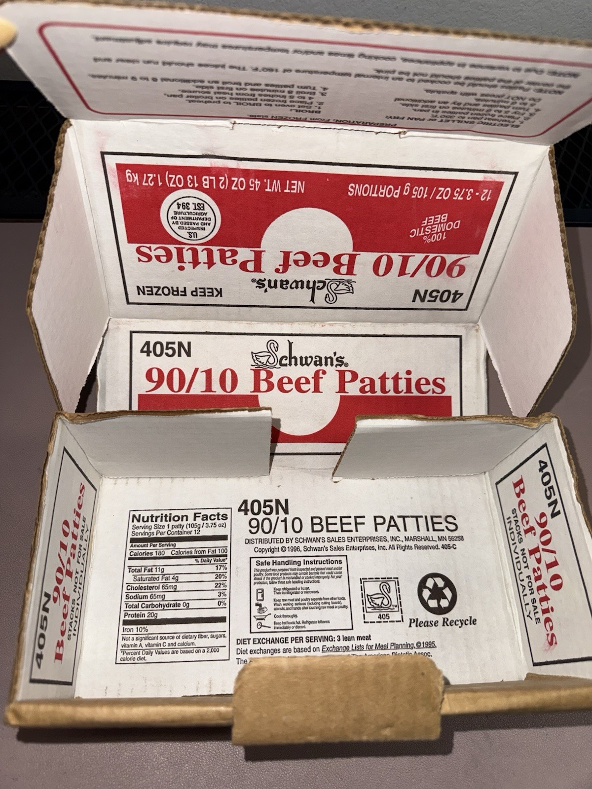 Vintage Schwan's 90/10 Beef Patties Cardboard Box 405N Retro Grocery Display