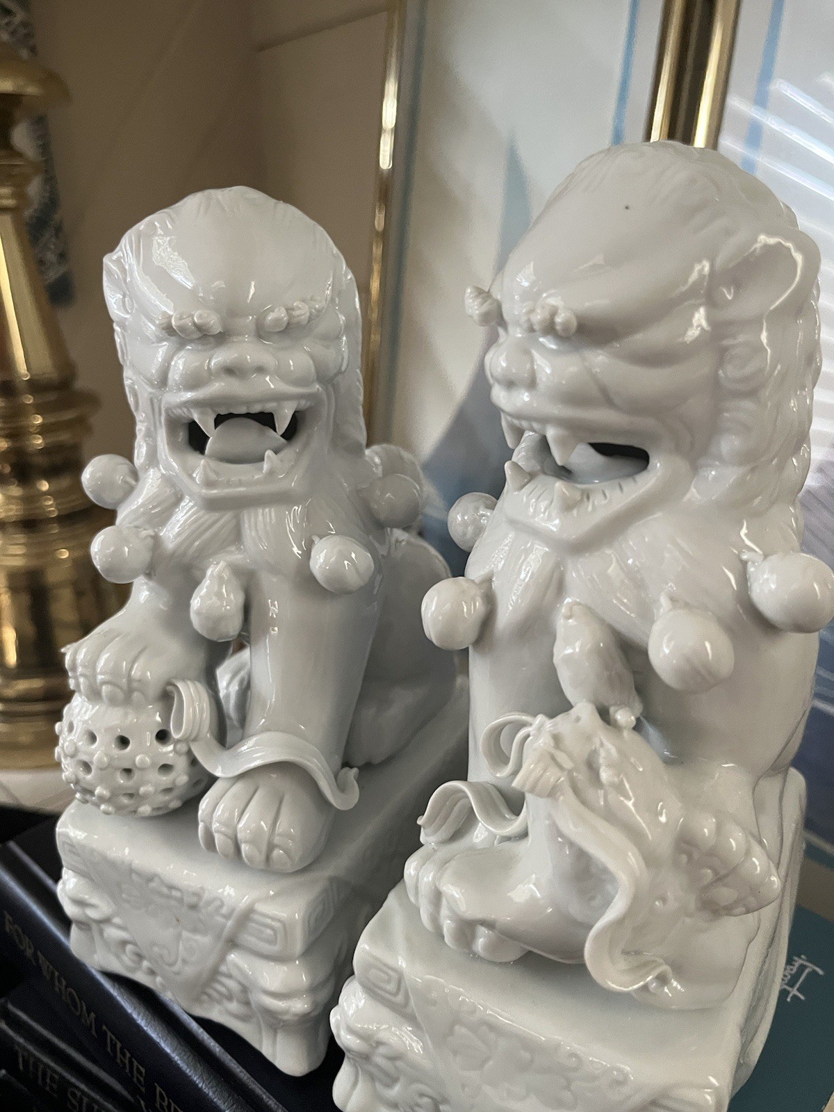 Vintage Blanc De Chine Porcelain Foo Dogs Lions Pair White Chinoiserie