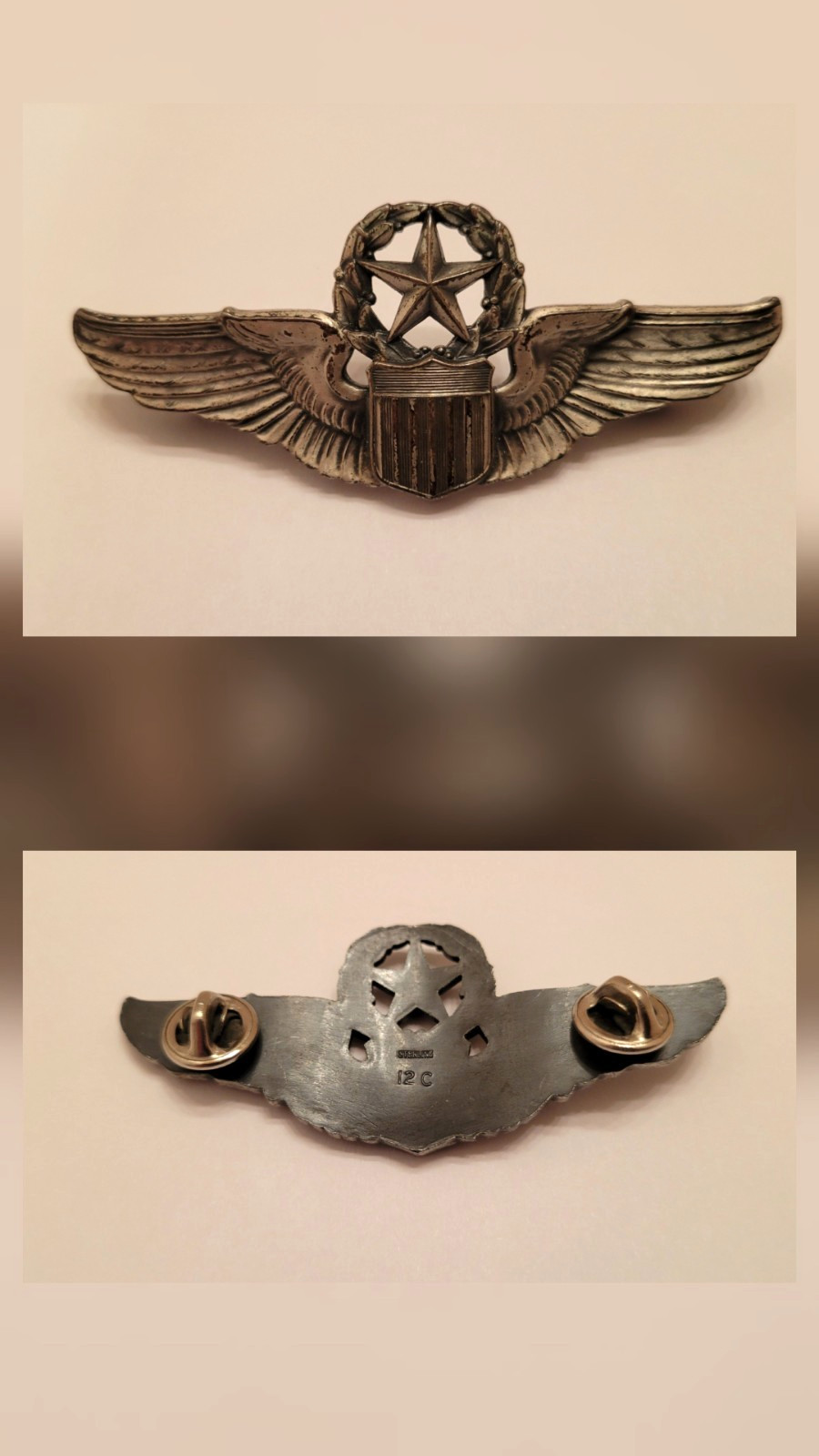 COMMAND PILOT WINGS STERLING  US ARMY AIR FORCES  3” SIZE Clutchback