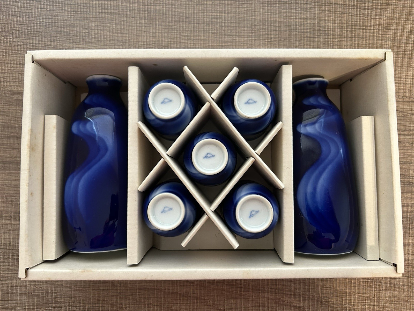 Fukagawa Cobalt Blue Sake Set 7pc Imperial Household Japan Porcelain w/Box