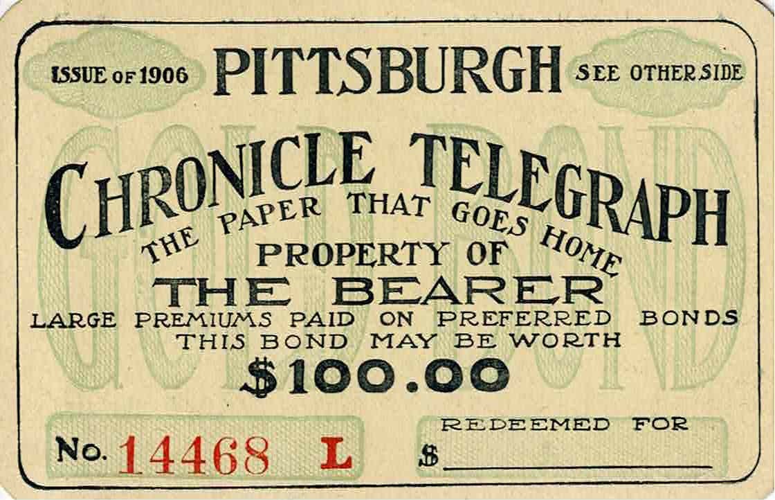 1906 Pittsburgh Chronicle Telegraph Bonds Lottery Ticket