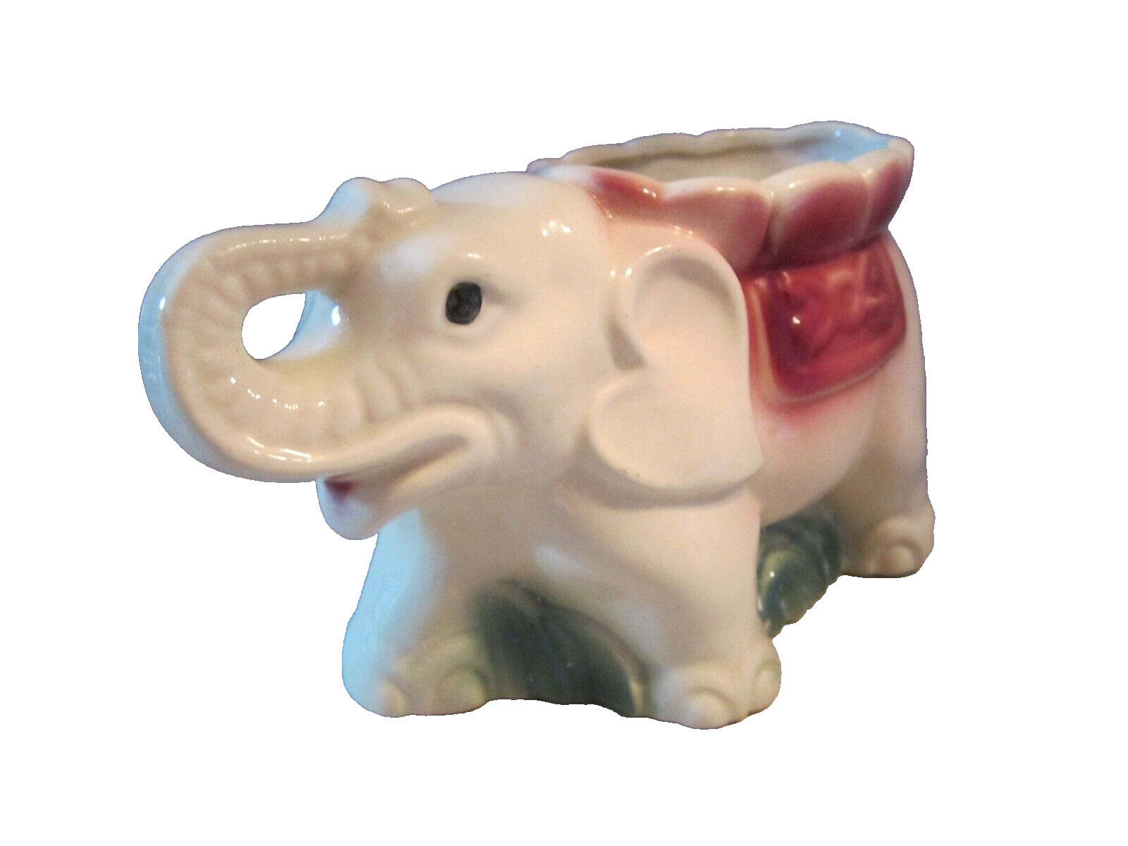 Vintage Ceramic White Elephant Planter Succulent. Trunk up. Red saddle. 5\