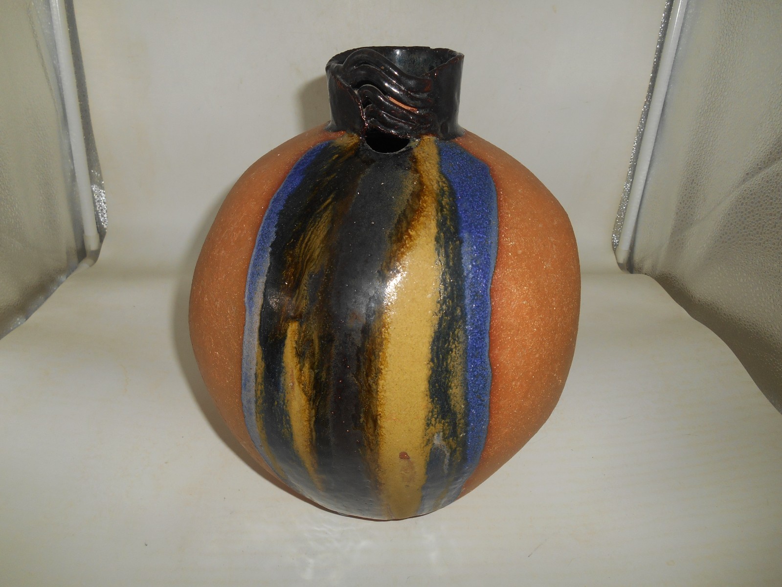 Stunning Katz Studio Large Ceramic Brown Vase w/ Multicolor Glazed Enhancements