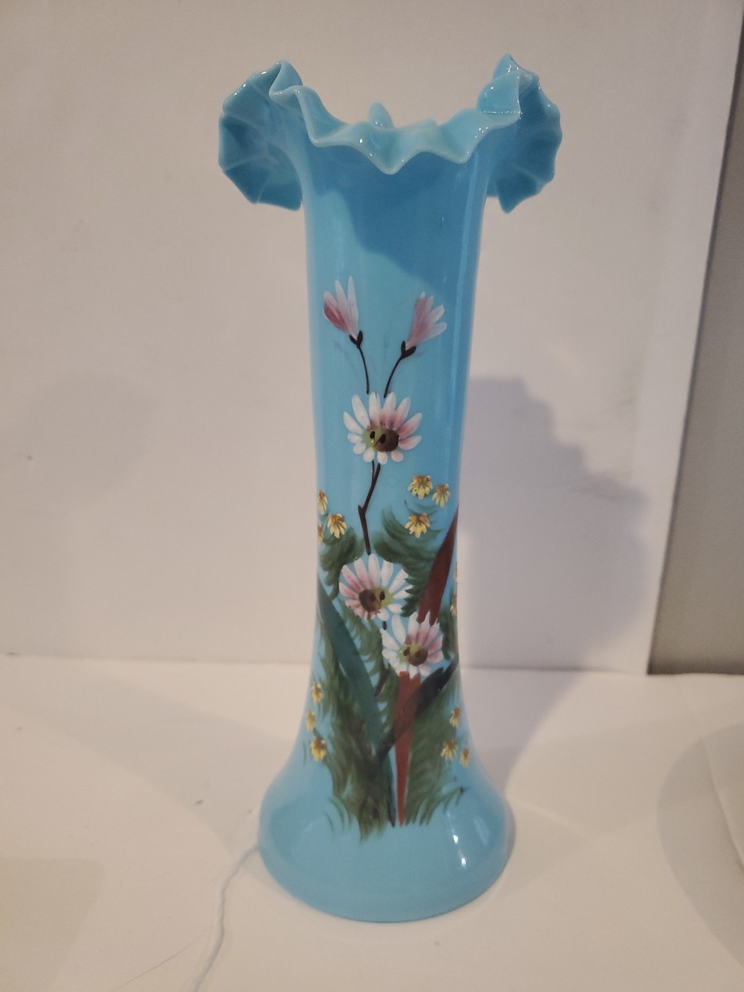 Vintage Bristol? Handpainted Blue Floral Ruffled Edge Vase 10.5