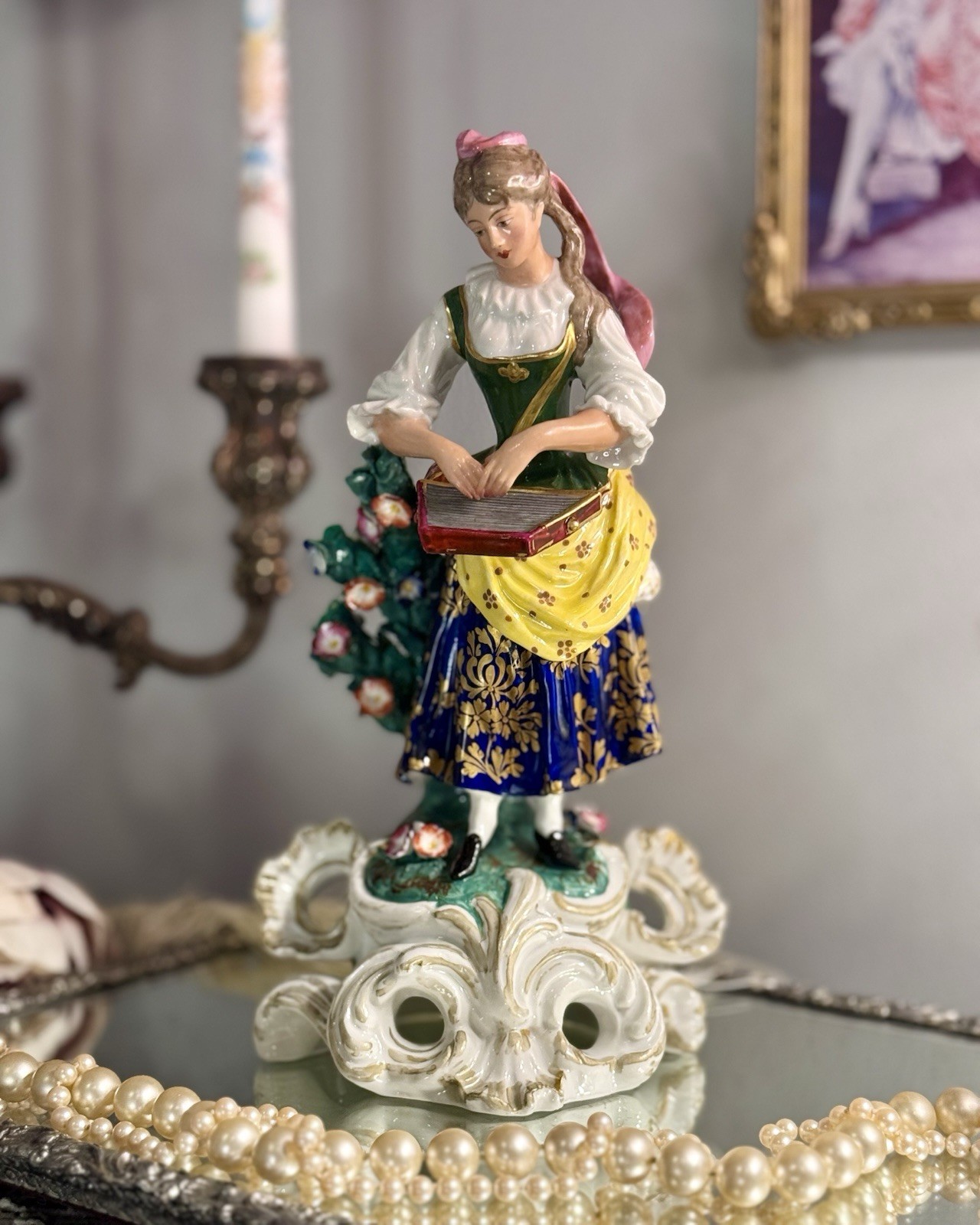 Antique Derby Style Porcelain Bocage Figure of Young Woman Musician