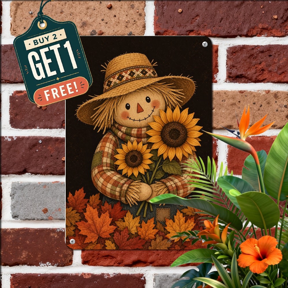 Smiling Rag Doll Scarecrow Metal Tin Sign Autumn Harvest Wall Decor Plaque