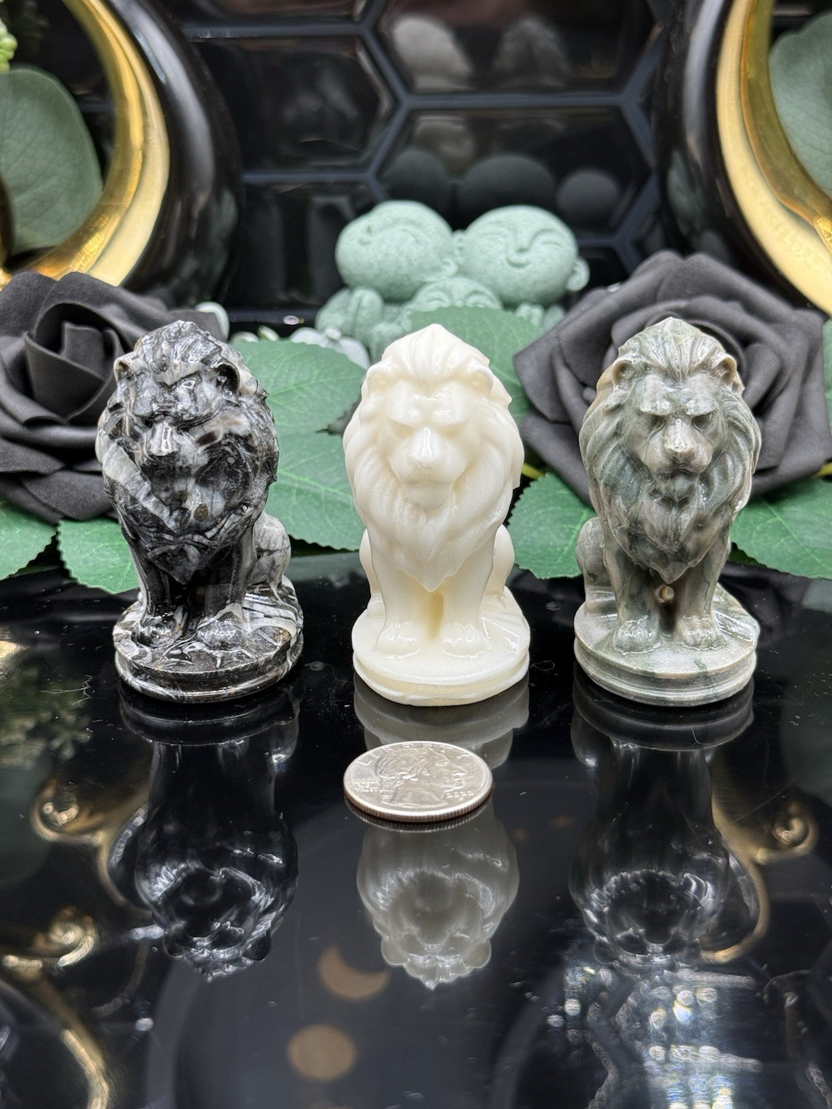 Natural Mixed Material Crystal Small Carved Lions Orthoceras or Jade 