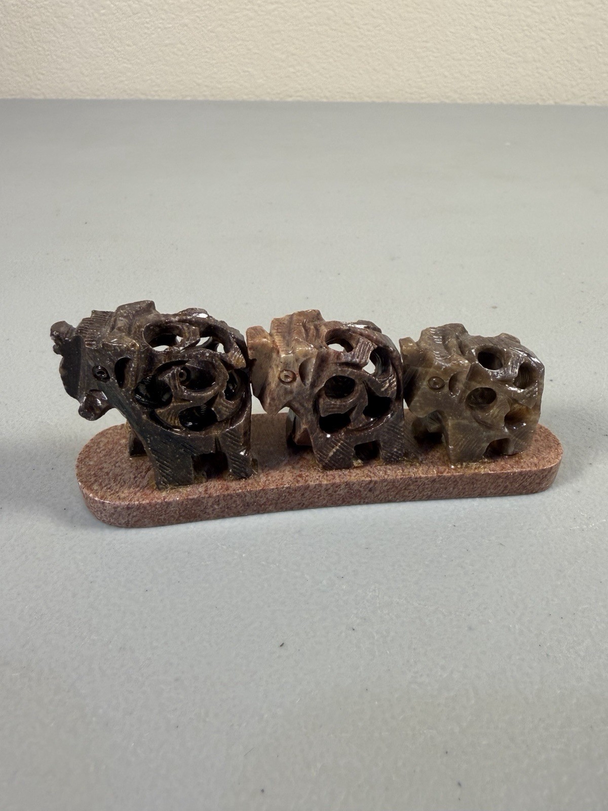 Family of 3 Elephants Figurine Carved Soapstone Vintage
