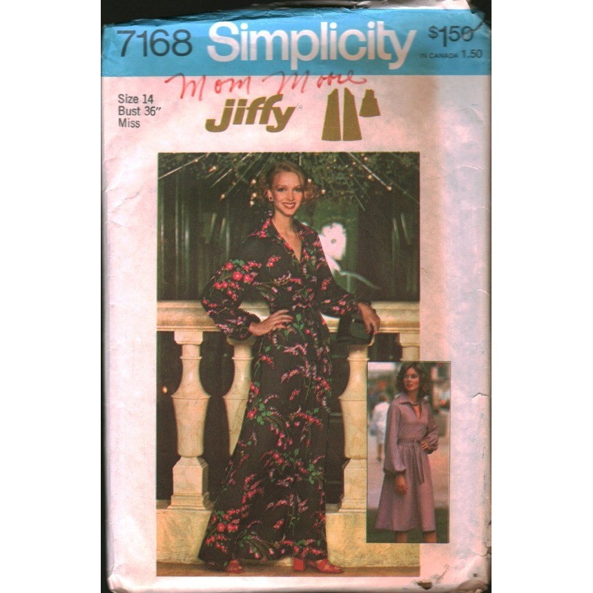 Vintage 1975 Simplicity 7168 Jiffy Dress Sewing Pattern Size 14 Bust 36 cut