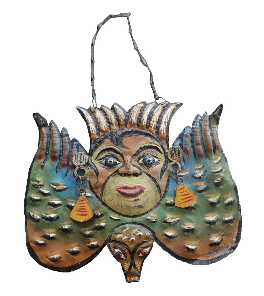 BEAUTIFUL VINTAGE MEXICAN FOLK ART COPPER MASK HAND PAINTED HAMMERED FACE WINGS