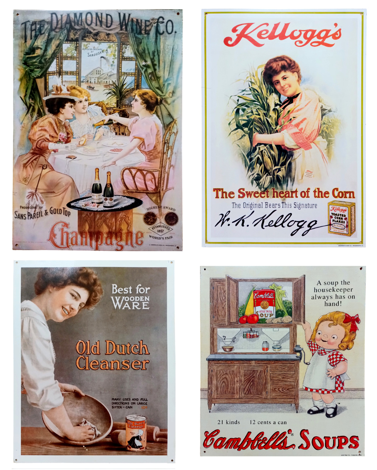 Lot of 4 Vintage Tin Signs Campbell\'s Soup, Diamond Wine Co, Kelloggs, Old Dutch