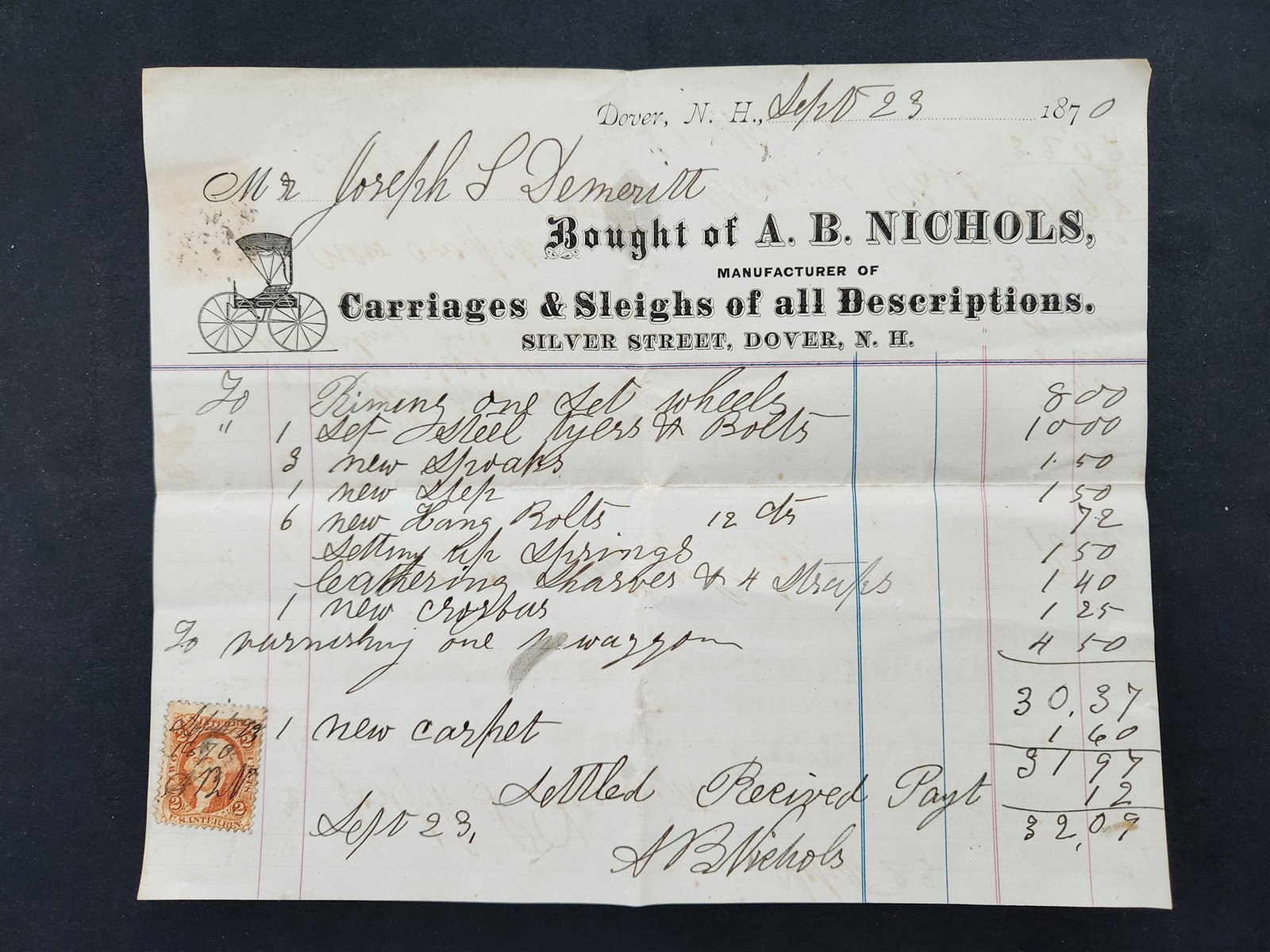 1870 antique AB NICHOLS dover nh BILLHEAD carriages sleighs REVENUE STAMP 