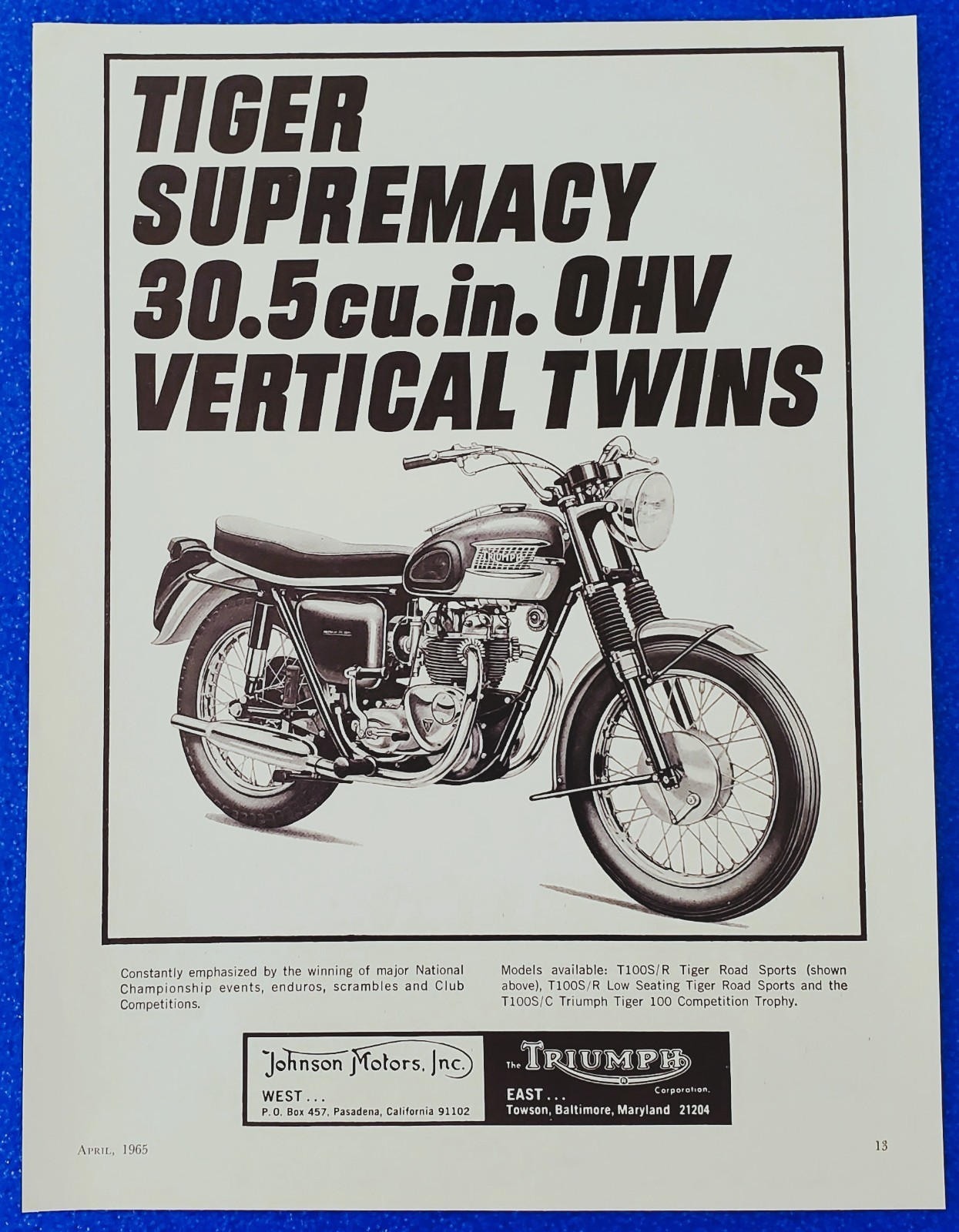 1965 Triumph T100S/C Tiger Ad Fab Sixties Scrambler Era Meriden Workshop Doc