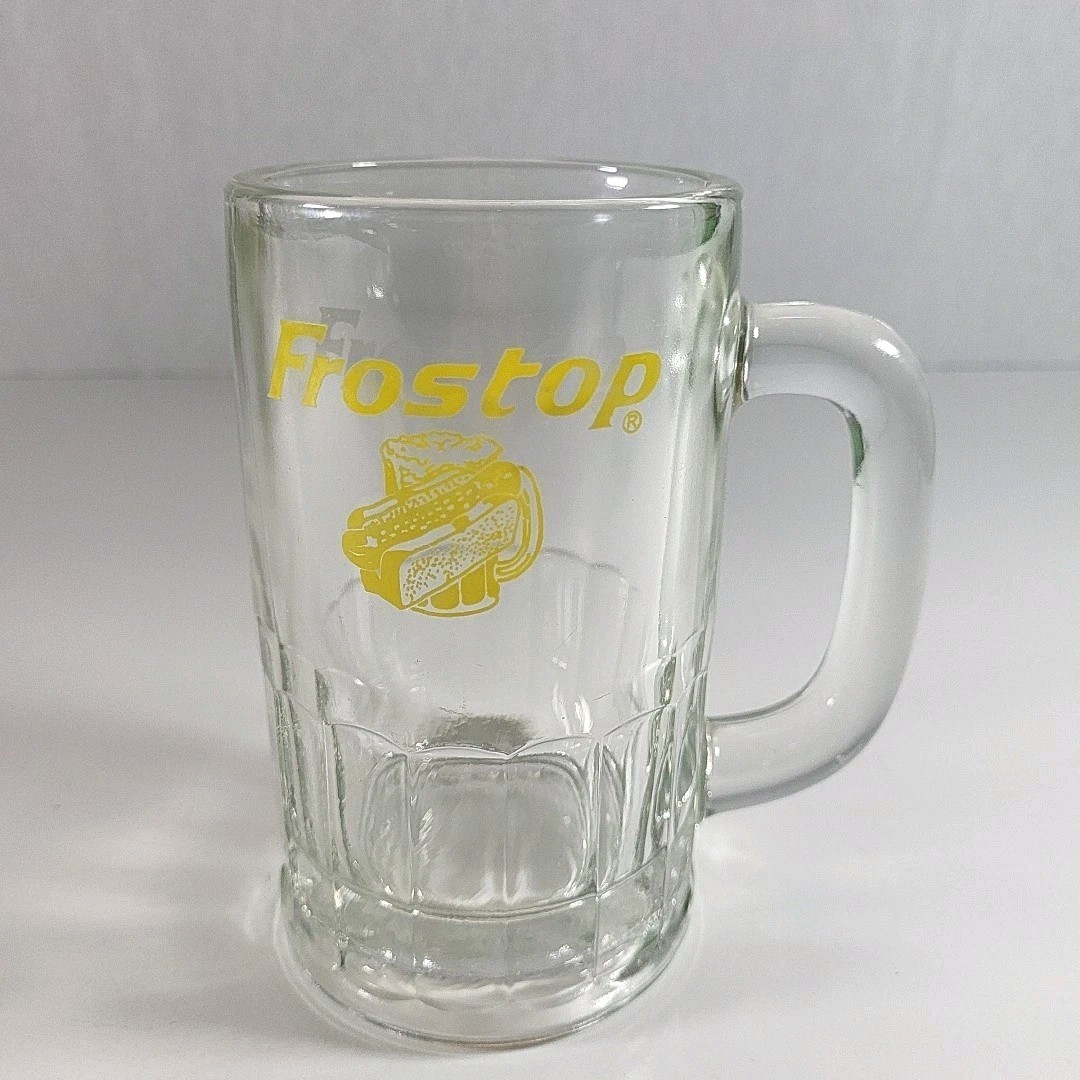FROSTOP ROOT BEER CLEAR GLASS MUG, YELLOW PAINTED LOGO, 5” HIGH, VINTAGE