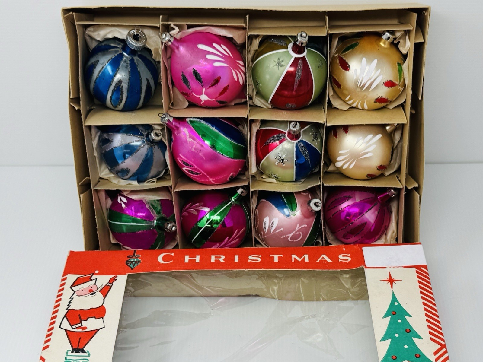 Vtg Poland Harlequin Hand Painted Round Christmas Tree Ornaments Set of 12