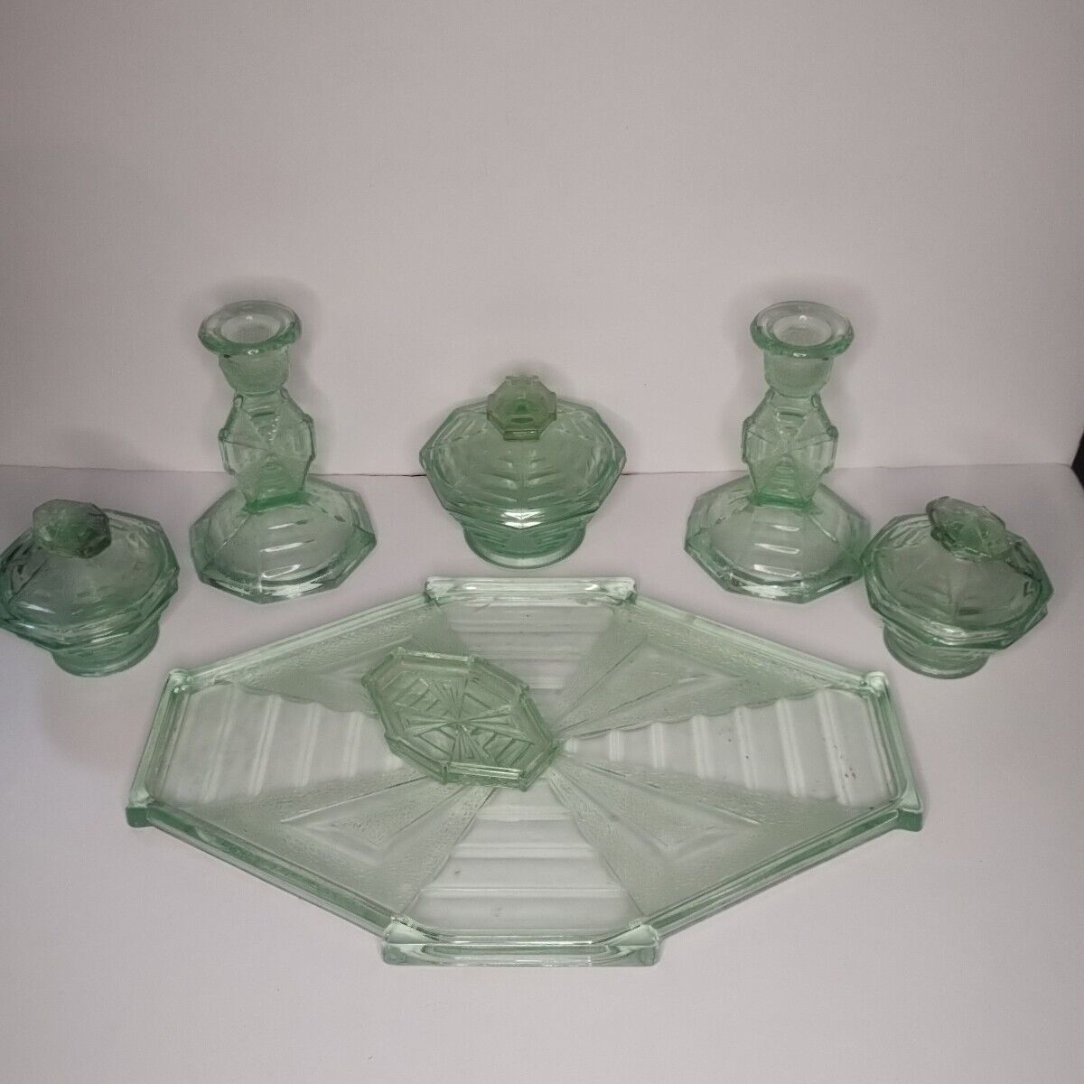 Green Glass Vanity Set - 7 Piece Set - Art Deco - Bagley