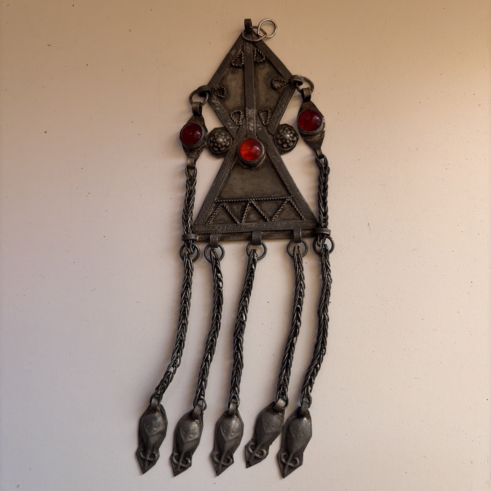 Antique Late 19th C 700-800 Silver Turkoman Turkeman Pendant w/Tassels, 7.5”