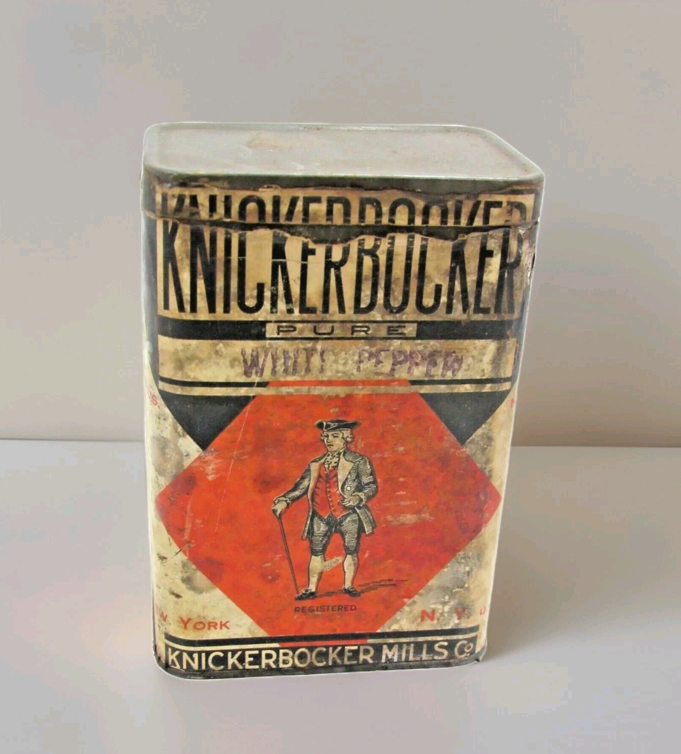 Rare Vintage Knickerbocker Mills Pure White Pepper Tin Can Paper Label -A13