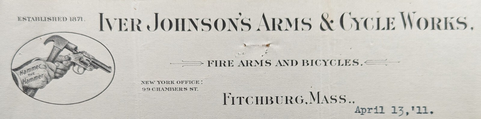 Antique 1911 Iver Johnson's Fire Arms & Bicycle Works Fitchburg Mass Letterhead