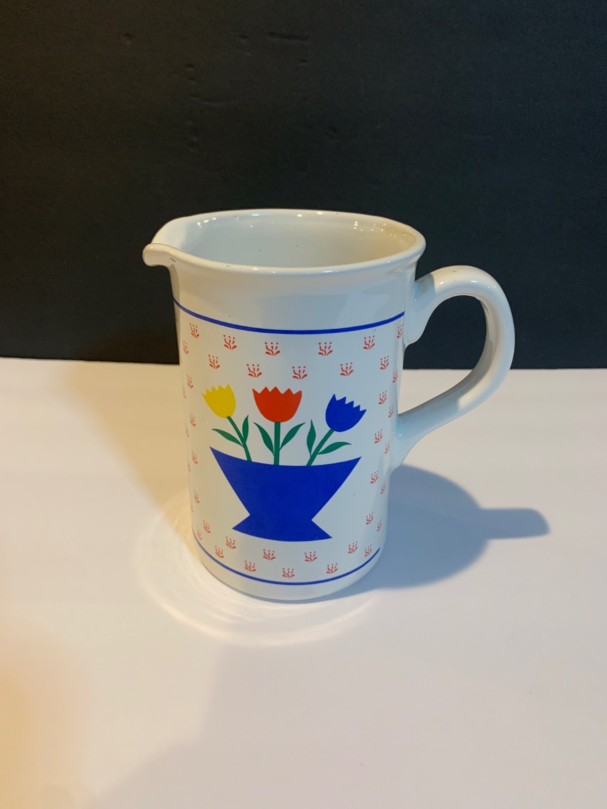 Vtg Tulips Gourmet Himark Kitchen Pitcher Primary Colors  HTF Pattern
