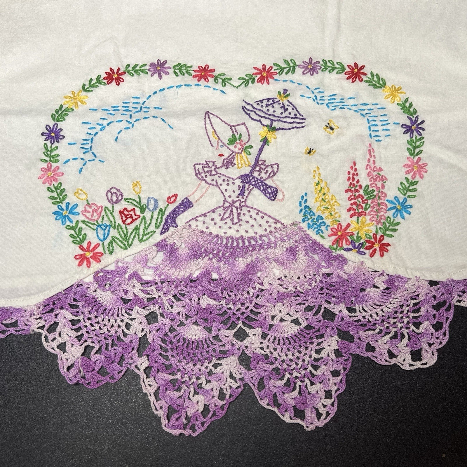 Vintage Southern Belle Embroidered Pillowcases Purple Crochet Lace Trim Pair