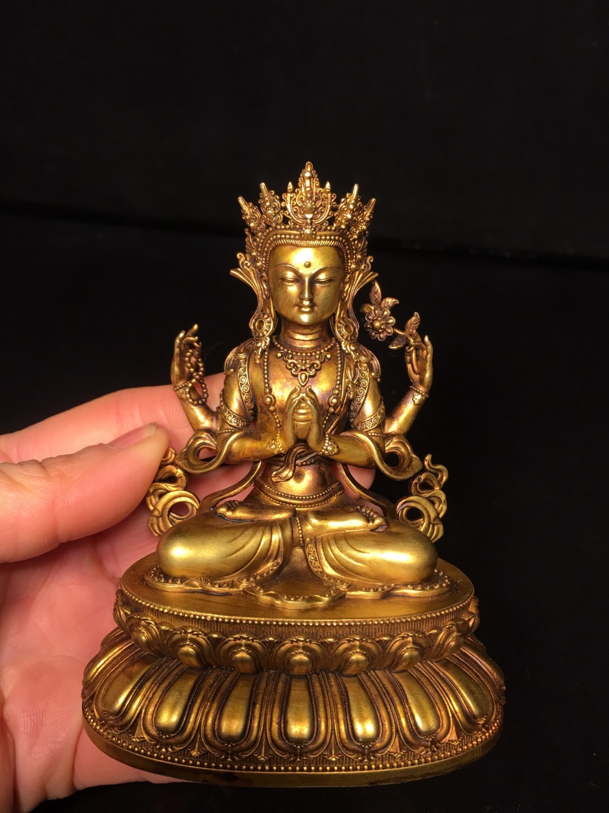 Old Gilt Gold Bronze Four-Arm Buddha Statue CG