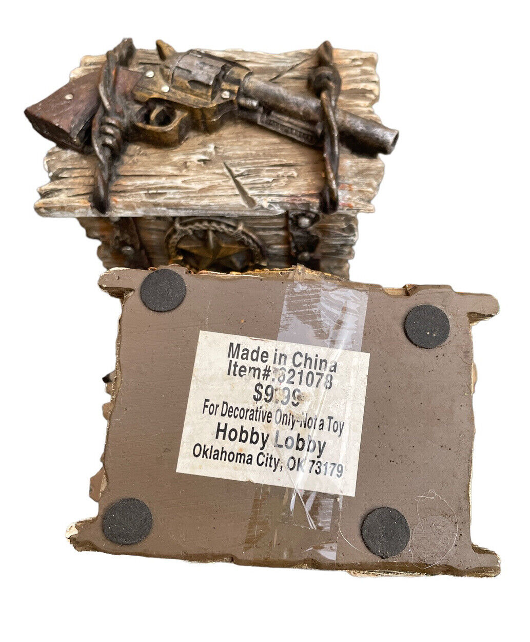 Trinket Box Rustic Wood Look Lid Gun Wild West Barbed Wire Sheriff\'s Badge