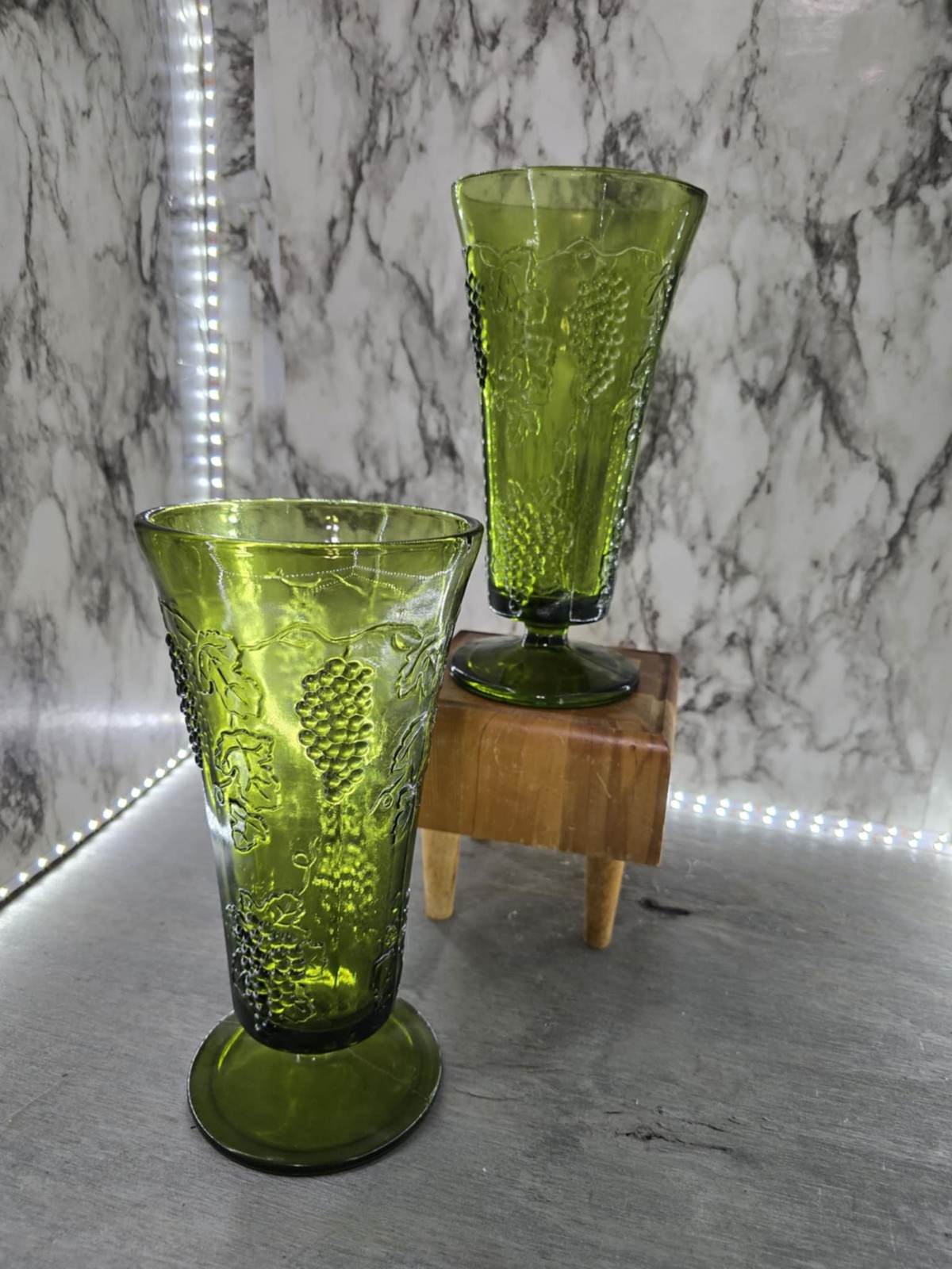 1970\'s Avocado Green Indiana Glass Grapevine Patterned Vases set of 2
