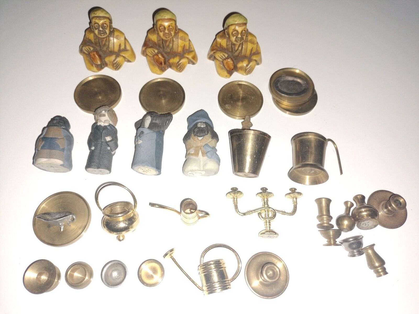 Vintage Brass & Silver Lot Dollhouse Miniature Figurines +Japanese Figures Resin