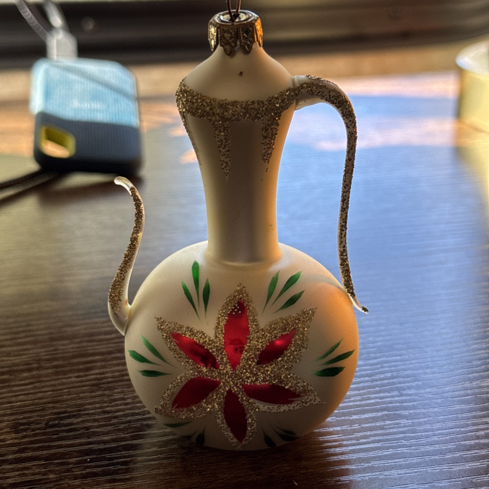 Vtg West Germany Teapot Christmas Ornament Hand Painted Mercury Glass Mica 4.25”